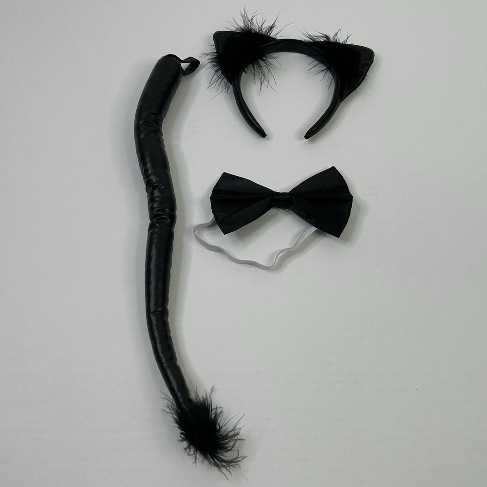 Black Cat Costume Accessory Set Ears Headband, Tail, Bow Tie, Adult One Size